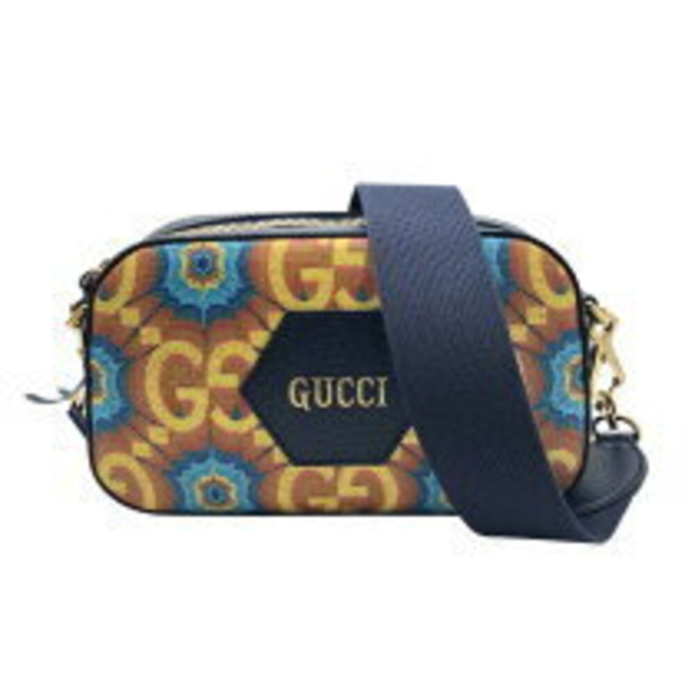 Gucci GG Kaleido Shoulder Bag Navy Blue Yellow Canvas Leather